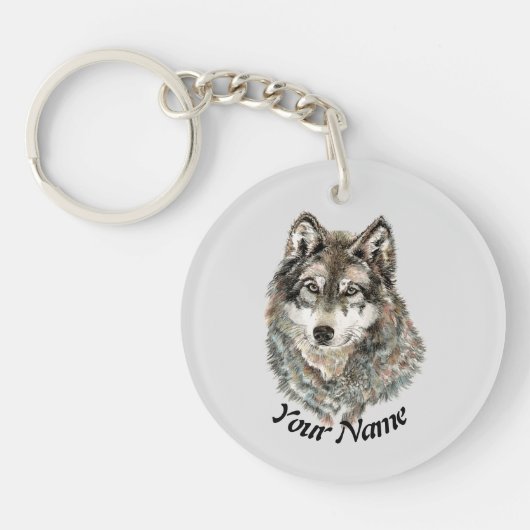 Porte-clés Nom personnalisé ou texte Loup aquarelle animal (Devant)