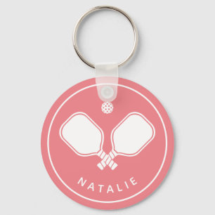 Porte-clés Nom personnalisé Pickleball rose et blanc