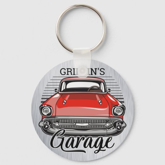 Porte-clés NOM personnalisé Retro Red Classic Car Garage (Recto)
