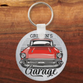 Porte-clés NOM personnalisé Retro Red Classic Car Garage (Recto)