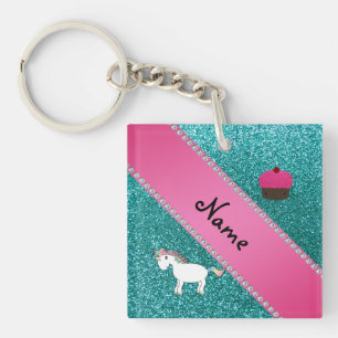 Porte-clés Nom personnalisé unicorn cupcake turquoise parties