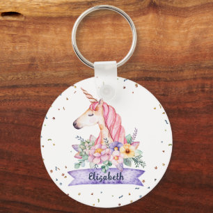 Porte-clés Nom personnalisé Watercolor Flower Unicorn Girl