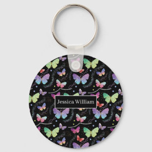 Porte-clés Nom personnel Élégant Papillons violets brillants