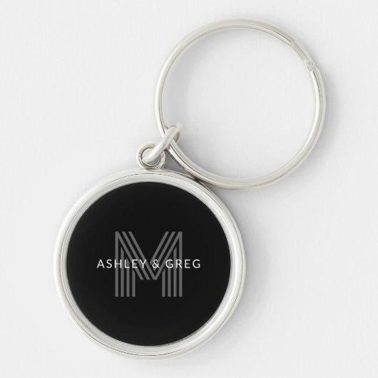Porte-clés Nom rétro moderne modifiable monogramme noir et gr (Devant)