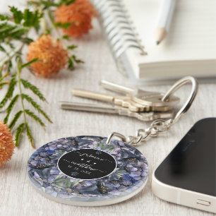 Porte-clés Noms de Couple de Mariage Floral Noir Moody Classi