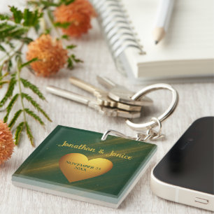 Porte-clés Noms de couples vert et or & date de mariage