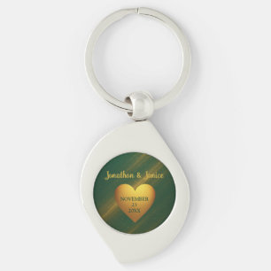 Porte-clés Noms de couples vert et or & date de mariage