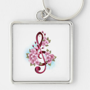 Porte-clés Notes de clef musicale en treble avec des fleurs S