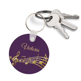 Porte-clés Notes de musique dorée violette nom monogramme