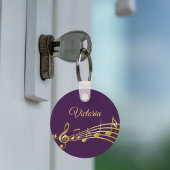 Porte-clés Notes de musique dorée violette nom monogramme