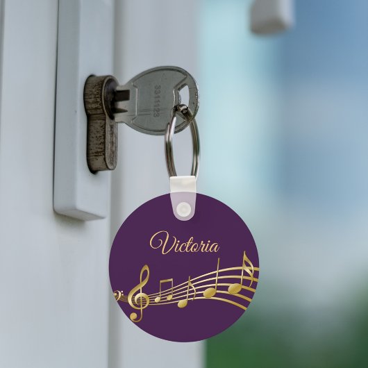 Porte-clés Notes de musique dorée violette nom monogramme