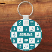 Porte-clés Notes et instruments de musique turquoise et blanc (Recto)
