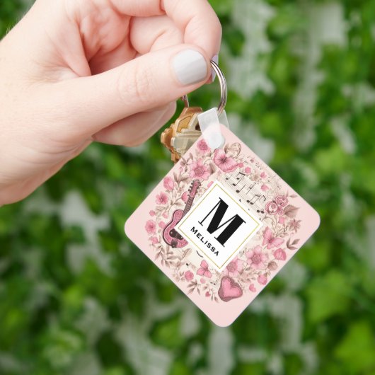 Porte-clés Notes musicales et fleurs Style rétro Monogramme (main)