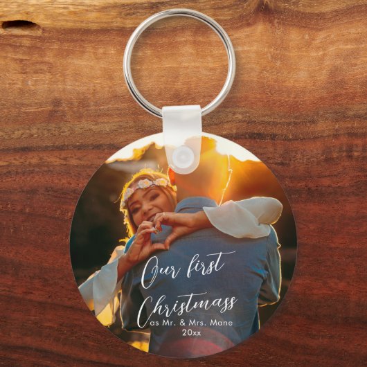 Porte-clés Notre premier Noël Chic Script Nom Christmass (Verso)