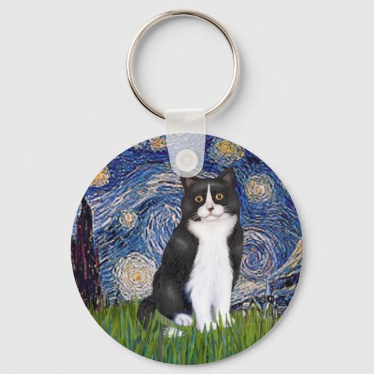 Porte-clés Nuit étoilée - Chat noir et blanc (Recto)