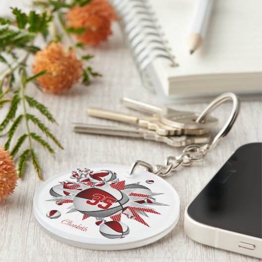 Porte-clés numéro de maillot de filles de basketball gris rou (Devant droit)