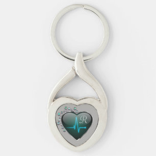 Porte-clés Nurse EKG ligne coeur bijou noir argent bleu