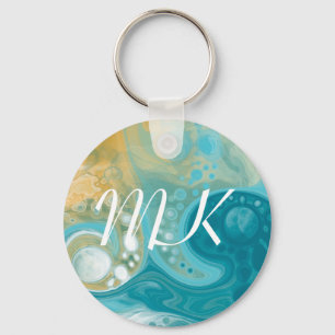 Porte-clés Ocean Blue Waves et Sandy Brown Fluid Art Initial