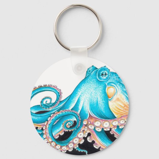 Porte-clés Octopus Bleu Sur Encre Blanche (Recto)