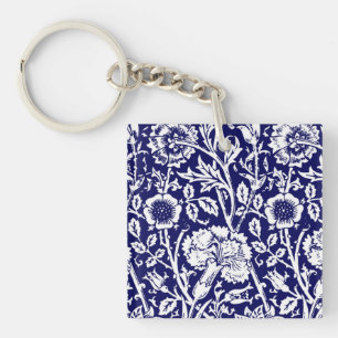 Porte-clés Œillet Art Nouveau Damassé, Bleu Nuit et Blanc