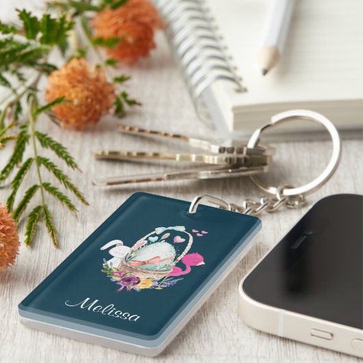 Porte-clés Oeuf mignon, Flamant rose et lapin Aquarelle (Devant droit)