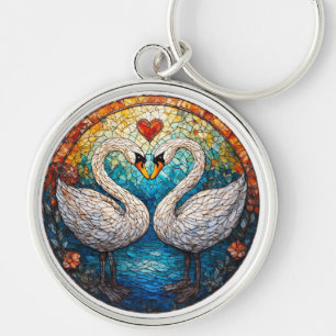 Porte-clés Œuvre d'art mosaïque représentant des cygnes blanc