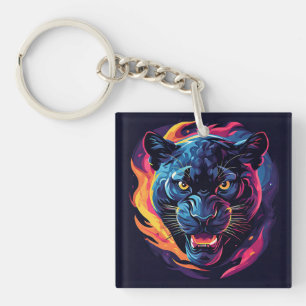 Porte-clés Œuvre d'art panthère agressive en couleurs néon
