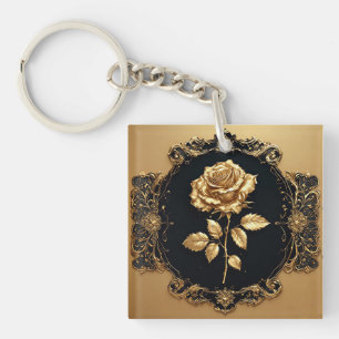 Porte-clés Œuvre d'art Rose Dorée avec Élément Décoratif Orné