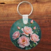 Porte-clés Œuvre d'art sur pivoines roses sur fond vert émera (Recto)