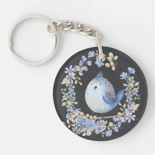 Porte-clés Oiseau bleu en couronne fleurie (Devant)
