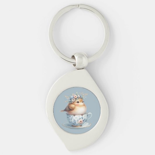 Porte-clés Oiseau bleu mignon avec couronne florale en Teacup (Devant)