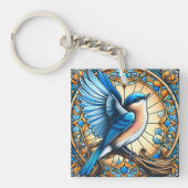 Porte-clés Oiseau bleu vif perché sur du verre tendu (Devant)