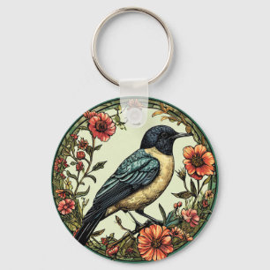 Porte-clés Oiseau Coloré dans un Dessin Floral