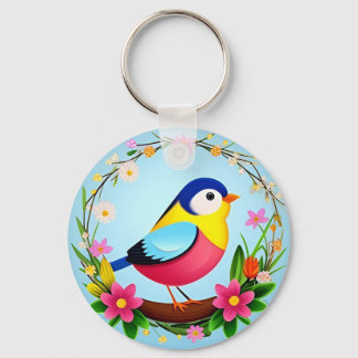 Porte-clés Oiseau Coloré Entouré de Couronne de Fleurs