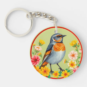 Porte-clés Oiseau Coloré Parmi les Fleurs Épanouies