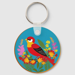 Porte-clés Oiseau Coloré Perché Parmi Des Fleurs Vibrantes