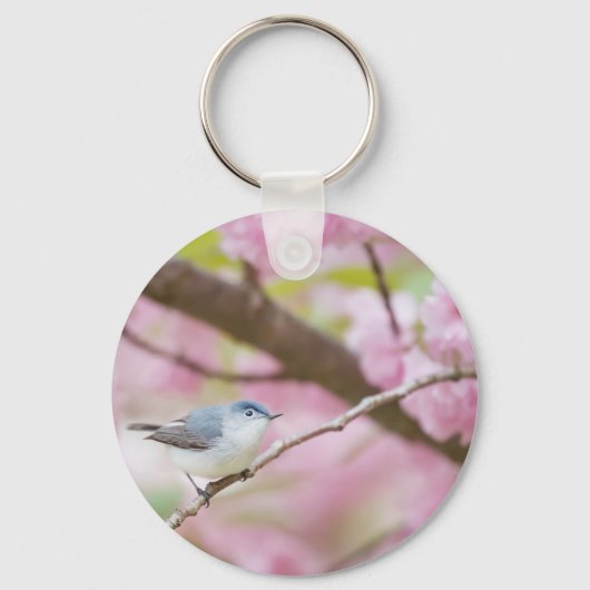 Porte-clés Oiseau dans l'arbre à fleurs roses (Recto)