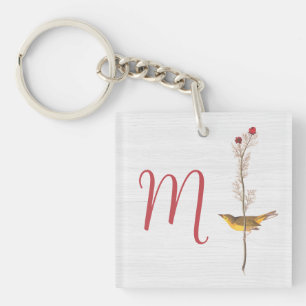 Porte-clés Oiseau jaune d'Audubon sur fleur avec monogramme