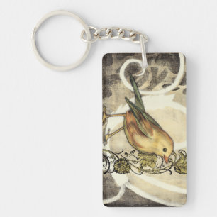 Porte-clés Oiseau jaune et vert sur l'arrière - plan vintage