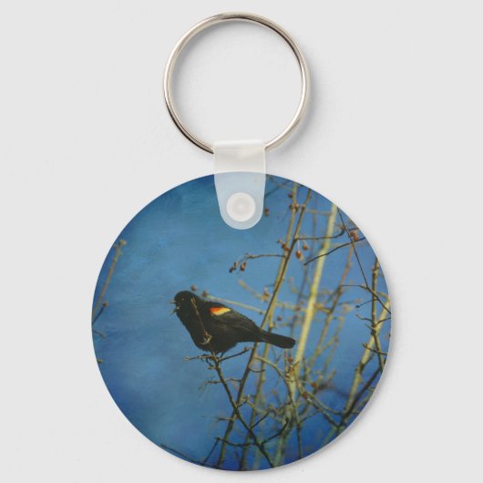 Porte-clés Oiseau noir à ailes rouges chantant (Recto)
