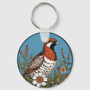 Porte-clés Oiseau vibrant entouré de fleurs sauvages colorées