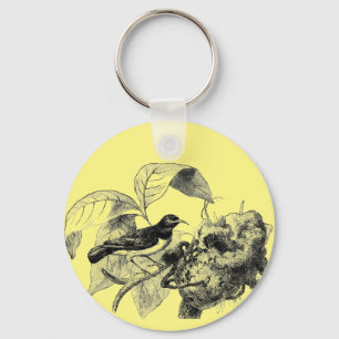 Porte-clés oiseau vintage avec illustration d'arbre de nid