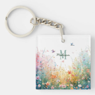 Porte-clés Oiseaux aquarelle de printemps Monogramme floral F