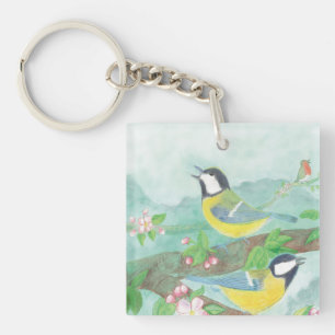 Porte-clés Oiseaux chantant sur une branche d'arbre en fleurs