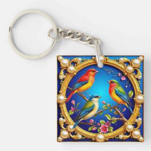 Porte-clés 🕊️ Oiseaux Colorés dans un Cadre Doré Pour Cadeau