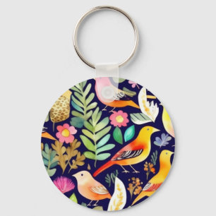 Porte-clés Oiseaux colorés motifs floraux décor bleu