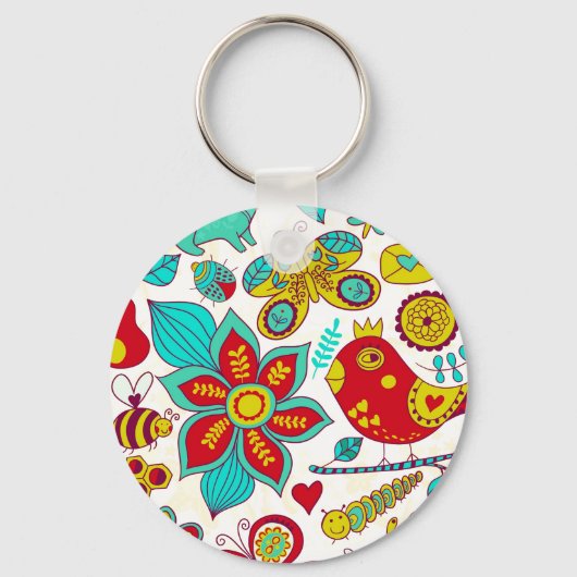 Porte-clés Oiseaux colorés Retro Fleurs Motif (Recto)