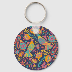 Porte-clés Oiseaux et fleurs d'art populaire mexicain colorés