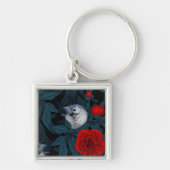 Porte-clés Oiseaux et fleurs de pivoines rouges avec feuilles (Devant)