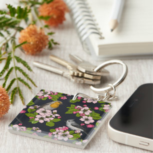 Porte-clés Oiseaux et fleurs en noir